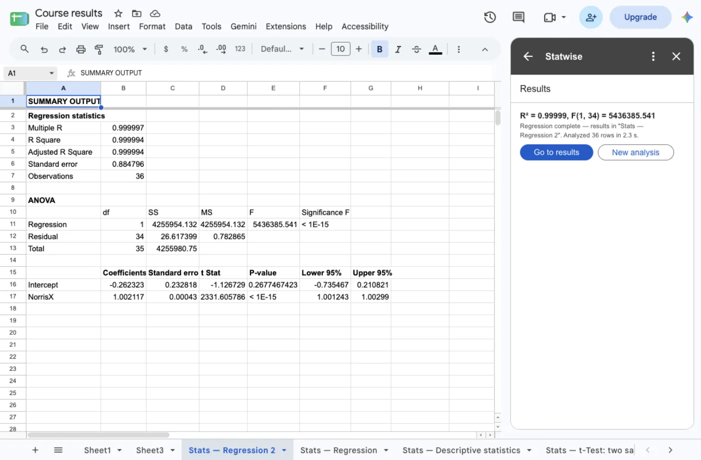 Statwise regression output in Google Sheets